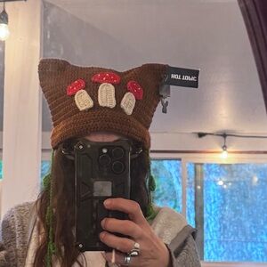 Hot Topic Brown and Red Mushroom puffer handbag with matching mushroom ear leaf